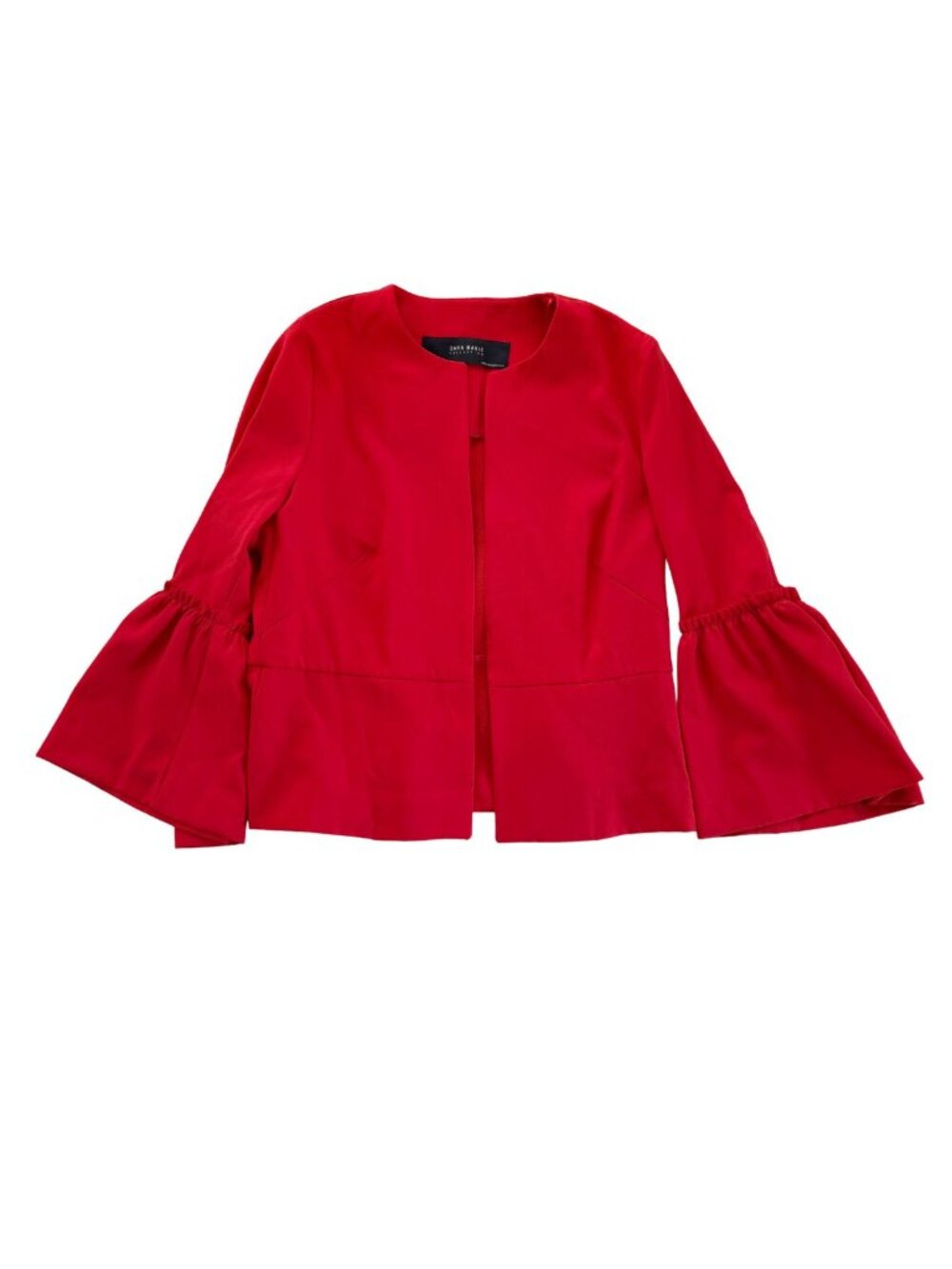 Zara Basic Red Collarless Open Front Blazer Jacket with Dramatic Ruffle Bell S